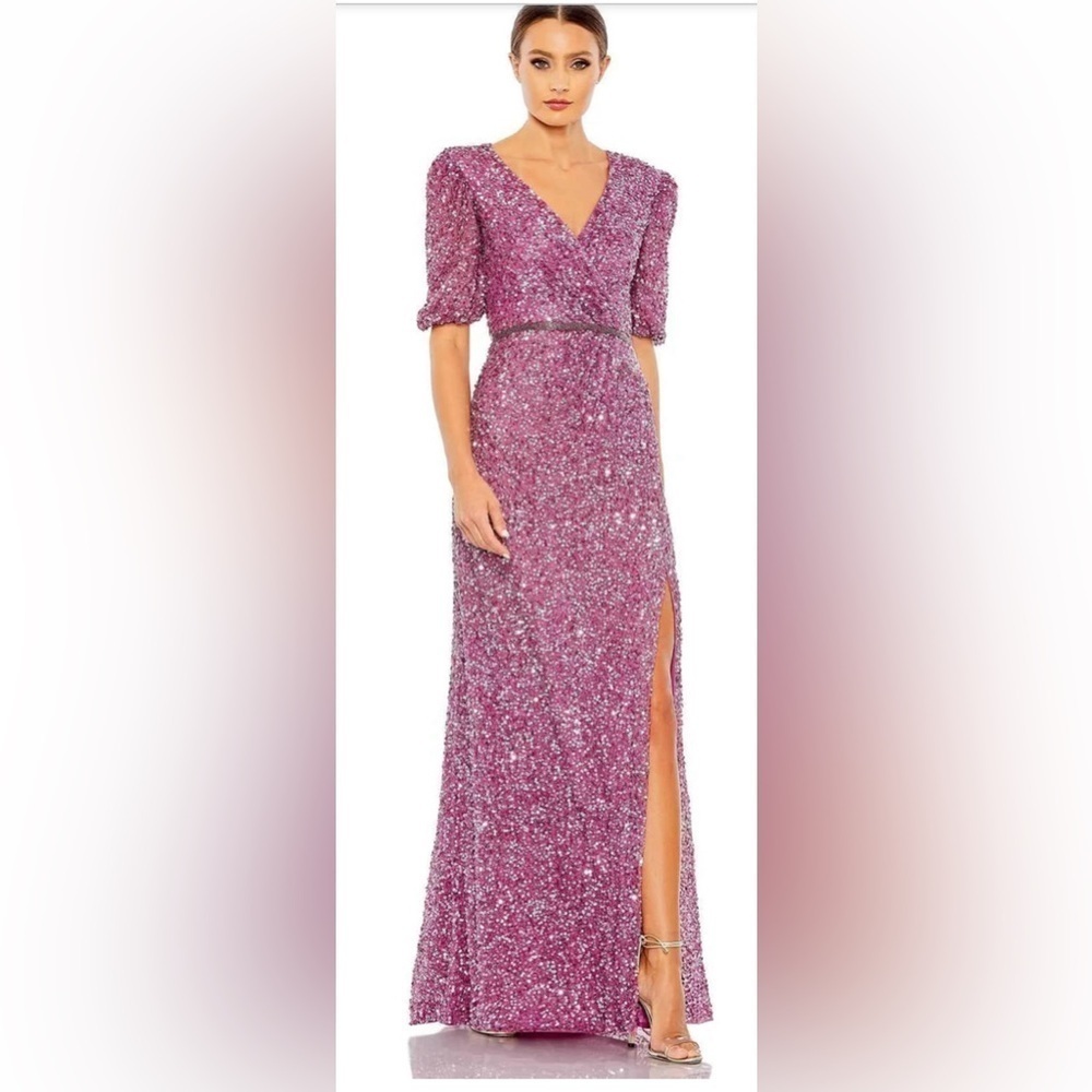 Mac Duggal 5610 NWT Sequined Short Puff Sleeve Long Dress